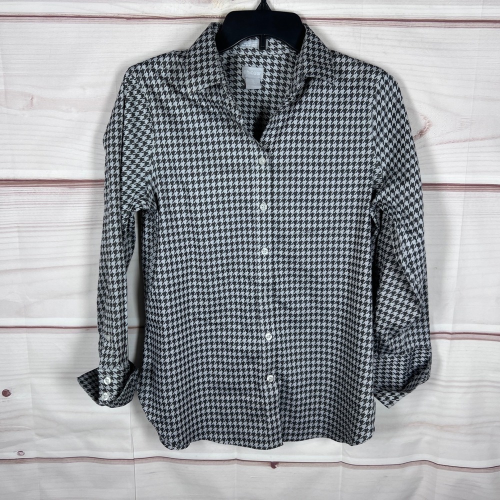Chicos No-Iron Coolmax Shirt Womens 0 S Gray Houndstooth Long Sleeve Button Down